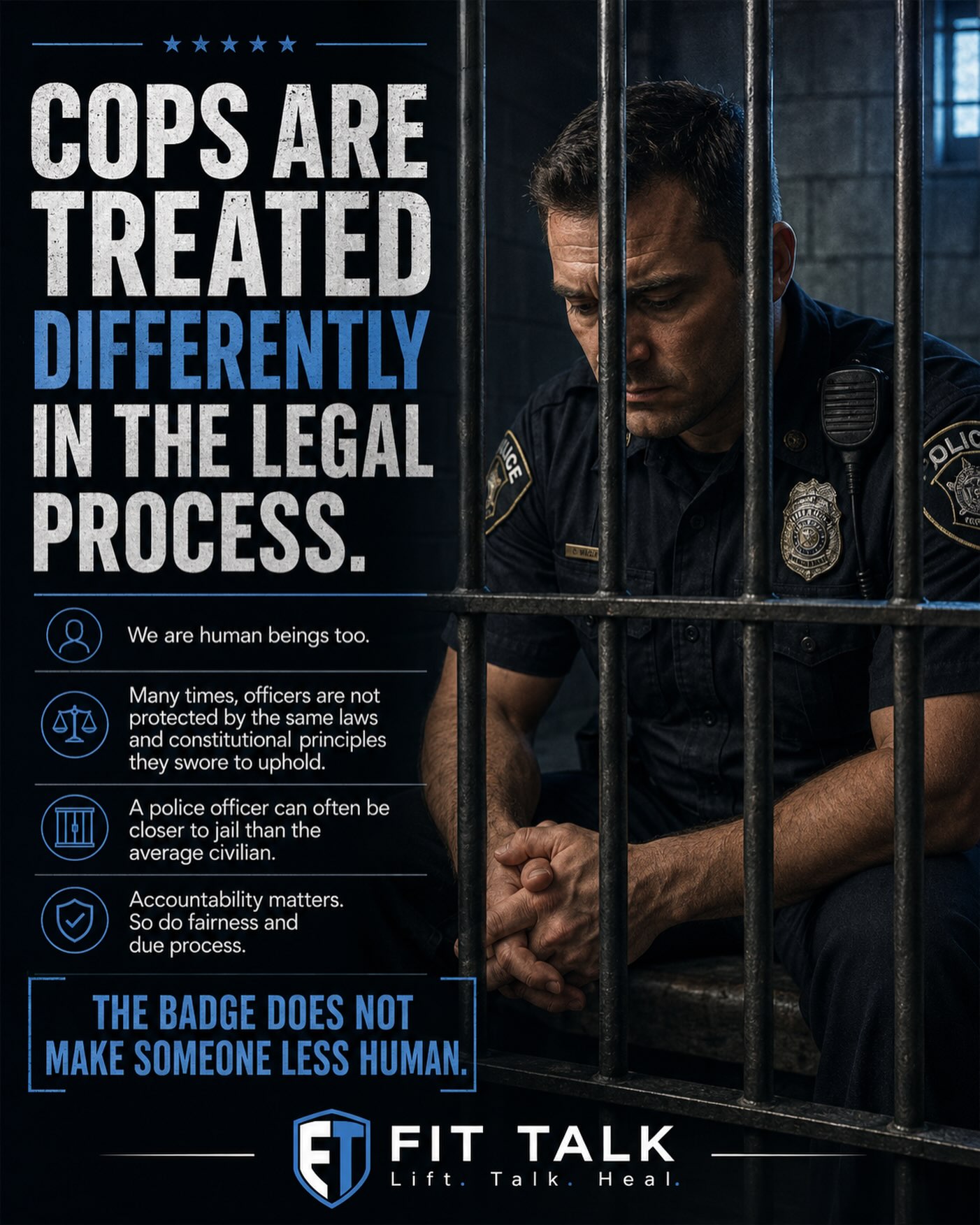 Fit Talk Instagram post about fairness, due process, and the humanity behind the badge
